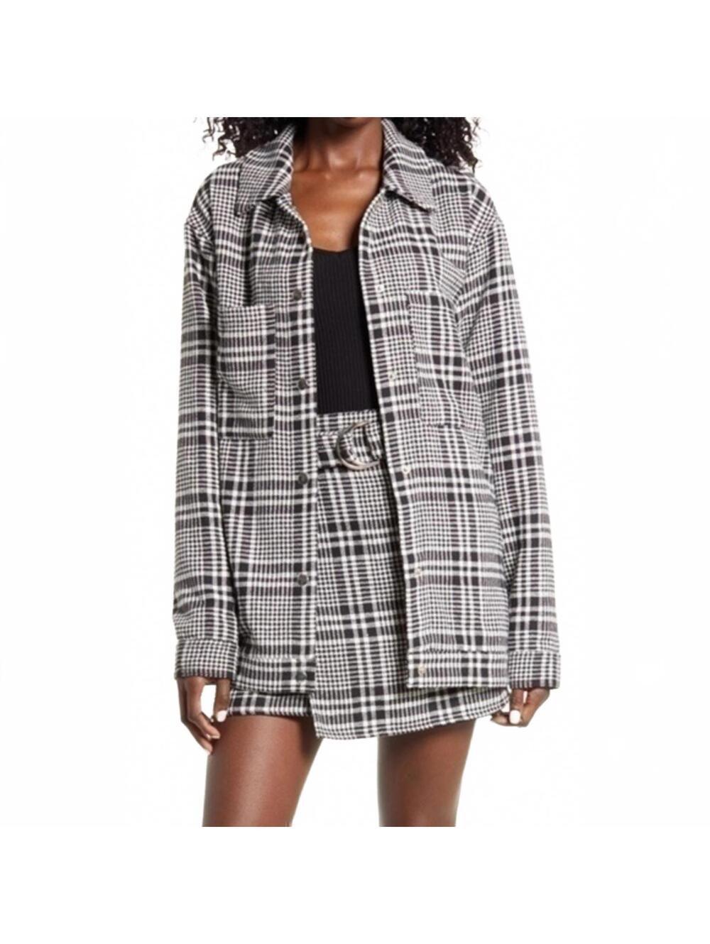 4th & Reckless Chester Plaid Oversize Blazer Shirt Jacket black white XS